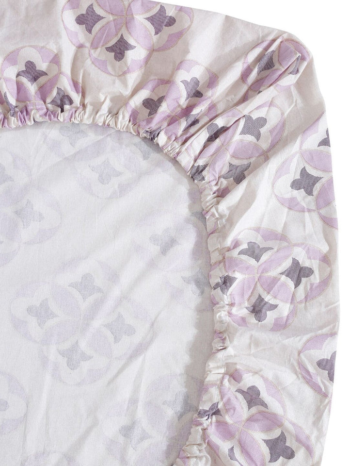 KLOTTHE White Floral Pure Cotton 400 TC Fitted King Superfine Bedsheet with 2 Pillow Covers-98 x 89 inches