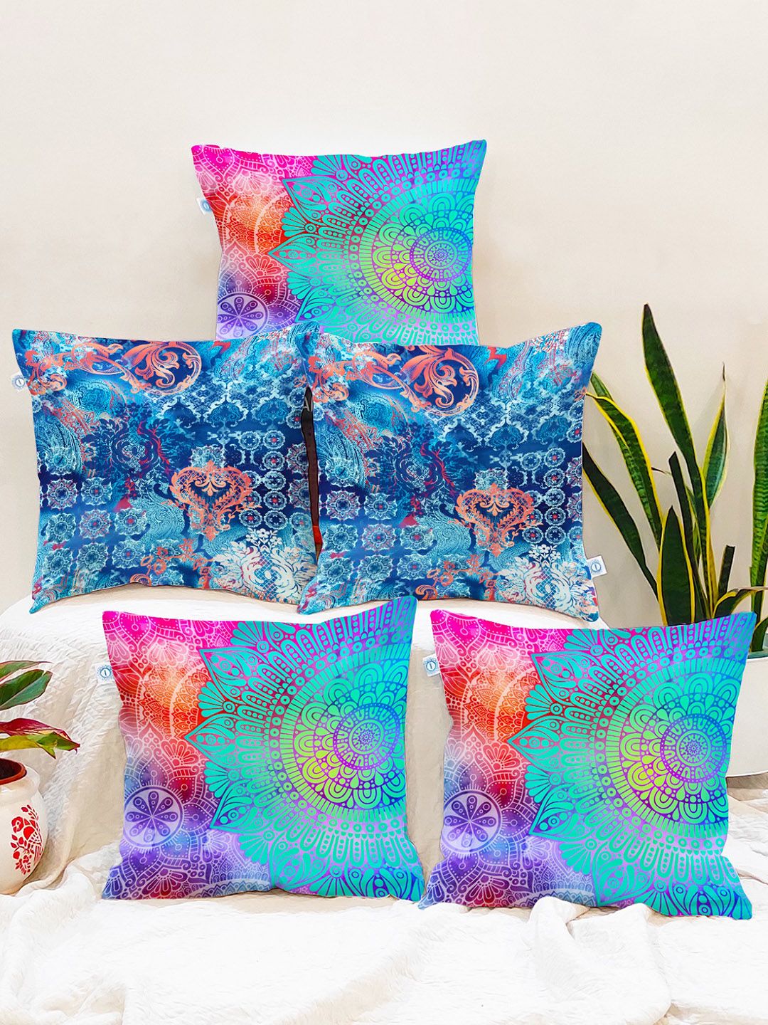 STITCHNEST Set Of 5 Teal & Pink Ethnic Motifs Printed Square Cushion Covers