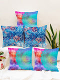 STITCHNEST Set Of 5 Teal & Pink Ethnic Motifs Printed Square Cushion Covers