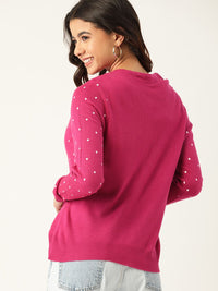 DressBerry Women Pink & White Printed Front-Open Sweater