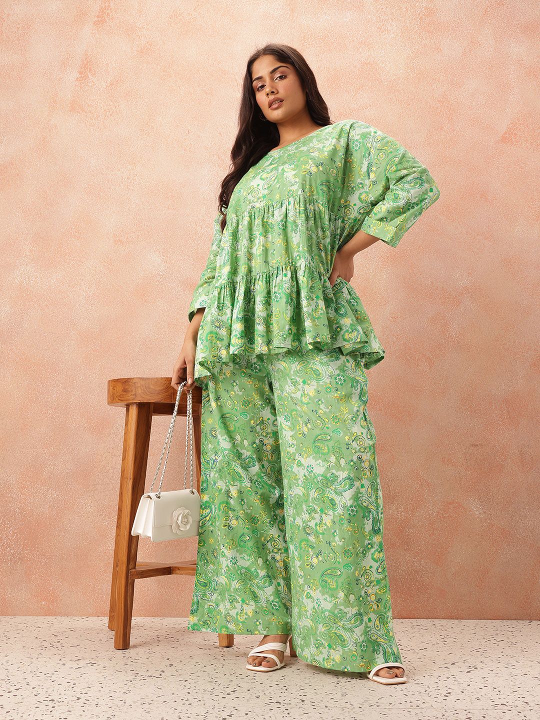 all about you Plus Size Paisley Printed Pure Cotton Tiered Empire Top with Palazzos