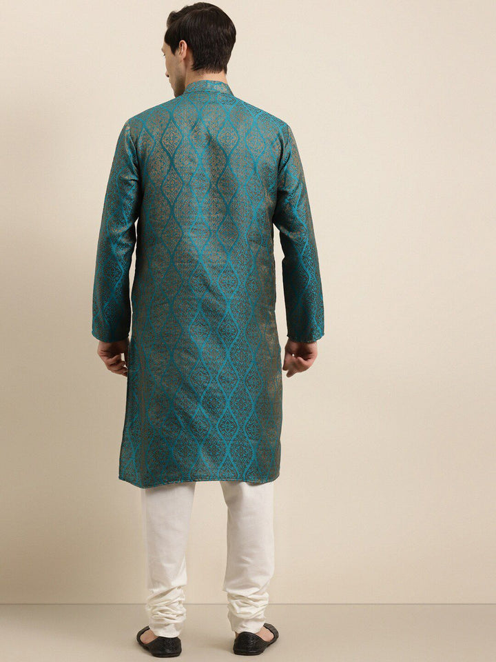 SOJANYA Men Teal Ethnic Motifs Regular Kurta with Churidar