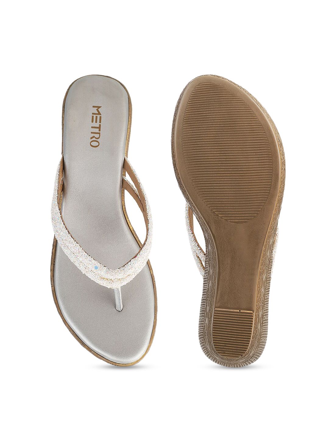 Metro Women Silver-Toned Textured Open Toe Wedges