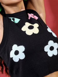 Tokyo Talkies Women Black & Green Jacquard Acrylic Crop Pullover
