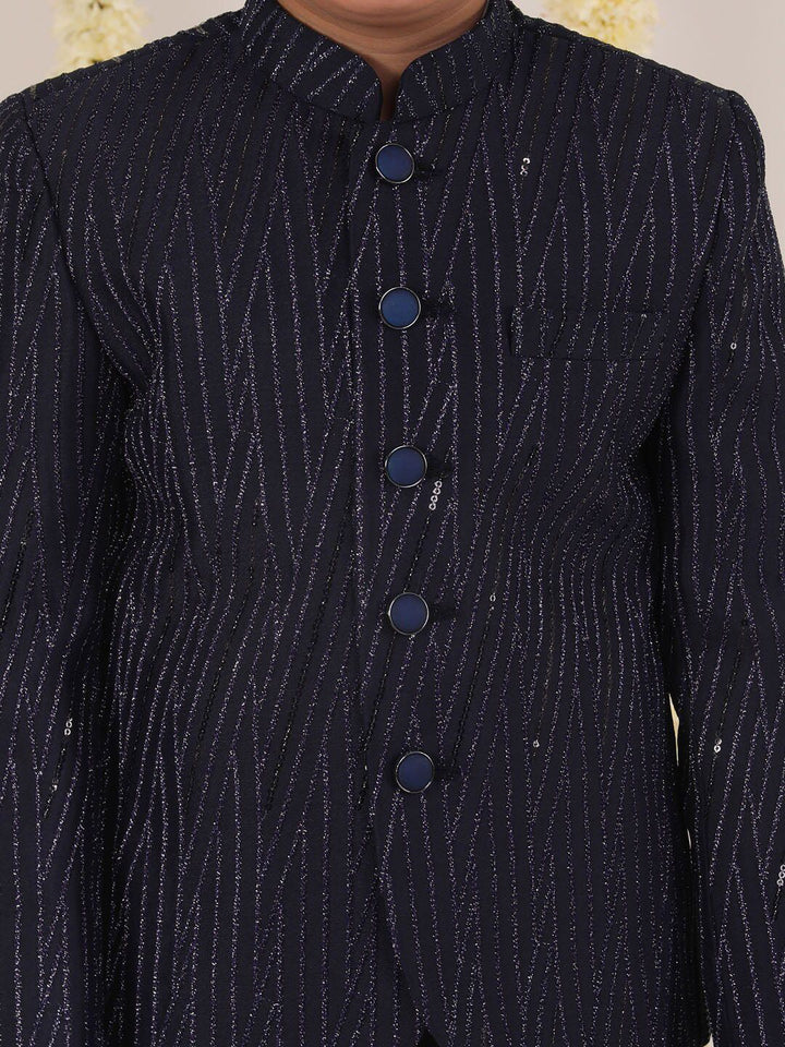 VASTRAMAY Boys Self-Design Mandarin Collar Slim-Fit Single-Breasted Bandhgala Blazer