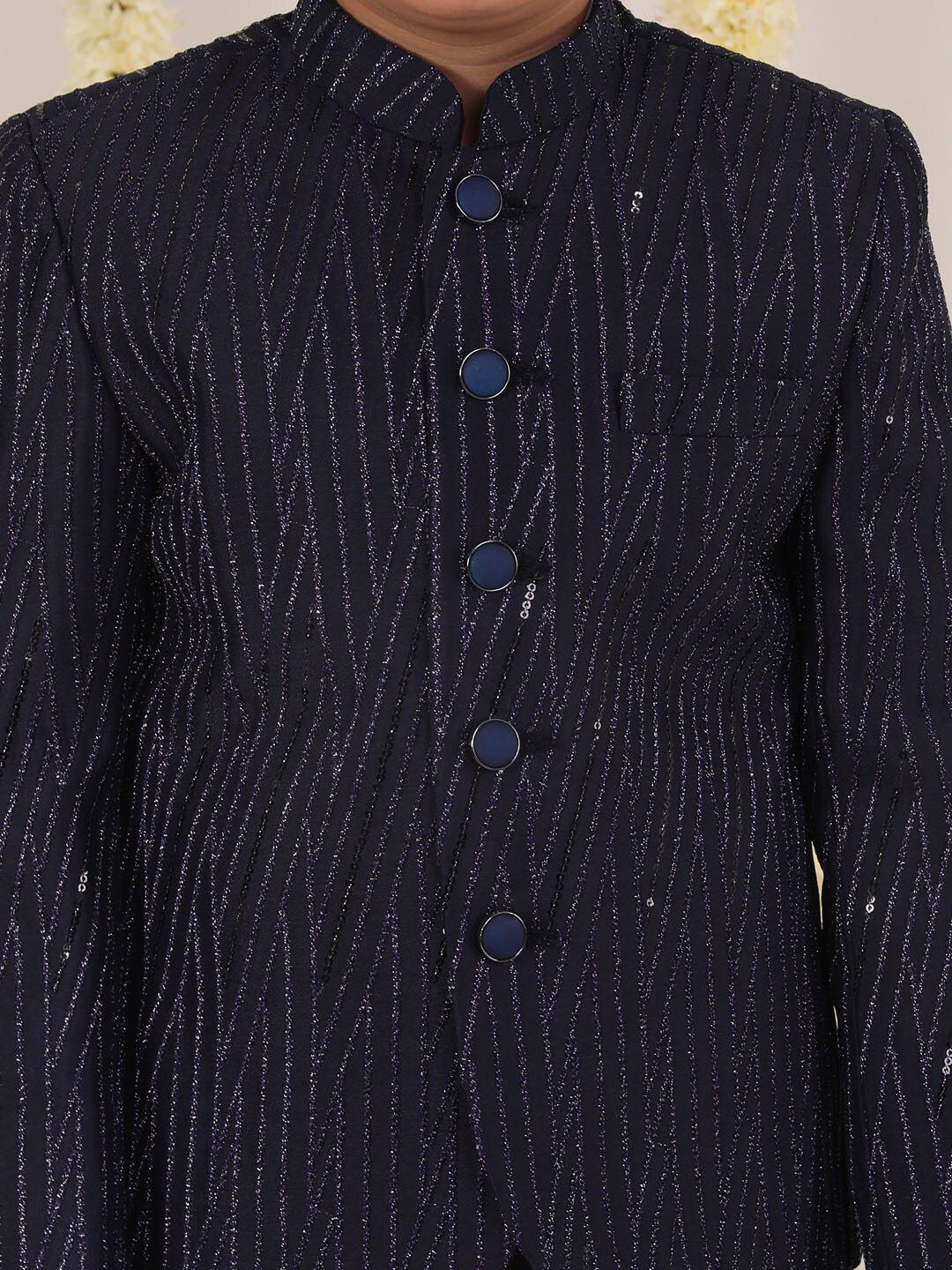 VASTRAMAY Boys Self-Design Mandarin Collar Slim-Fit Single-Breasted Bandhgala Blazer
