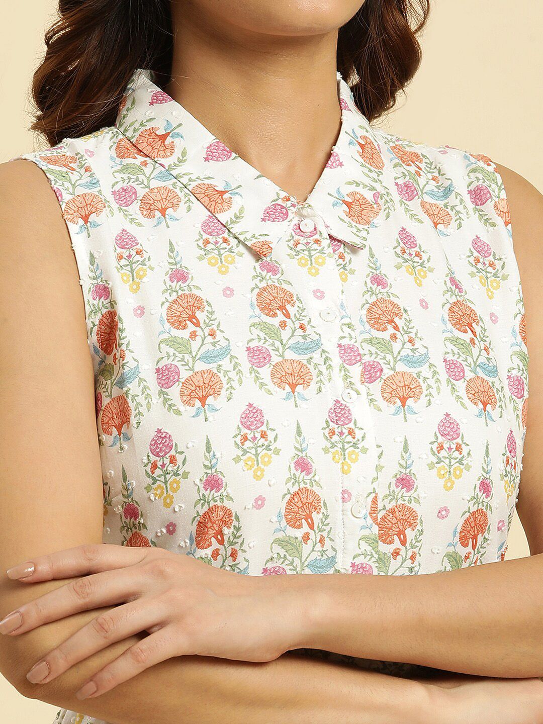 W Floral Printed Shirt Collar Pure Cotton Anarkali Kurta with Trousers