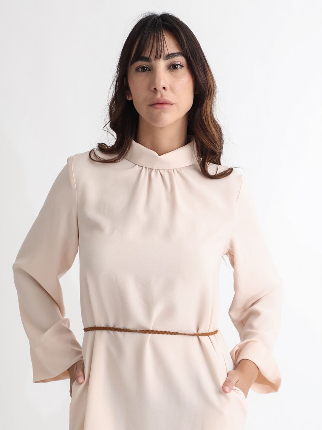 RAREISM High Neck Flared Sleeves A-Line Formal Dress With Suede Corded Belt