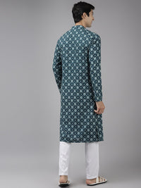 See Designs Men Teal Blue Ethnic Motifs Printed Pure Cotton Kurta with Trousers