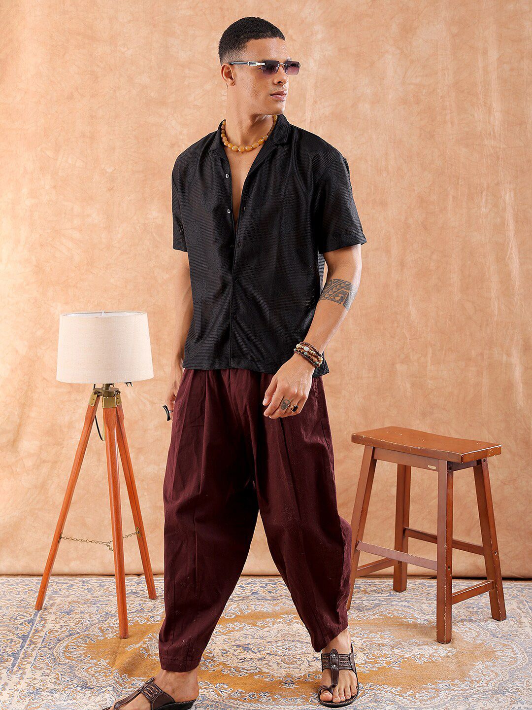 The Indian Garage Co Men Relaxed Fit Solid Warp Knit Lace Resortwear Shirt