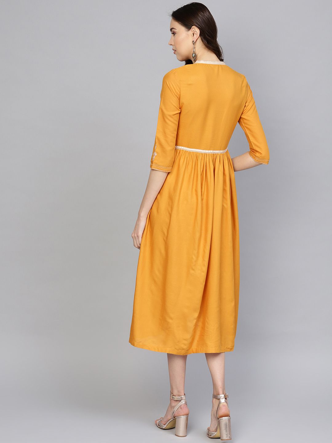 W Mustard Yellow & Golden Floral Printed A-Line Dress