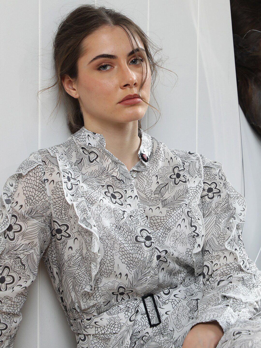 RAREISM Floral Midi Belted Shirt Dress
