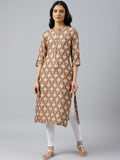 W Floral Printed Mandarin Collar Roll-Up Sleeves Straight Kurta