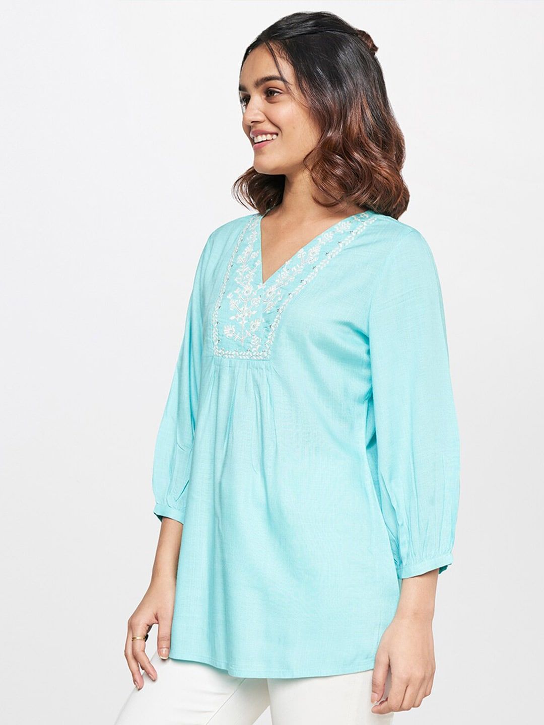 Global Desi Ethnic Motif Embroidered Regular Top