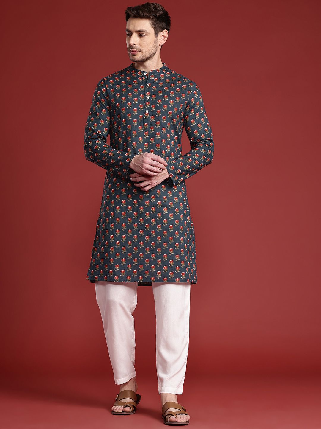 Anouk Band Collar Floral Printed Pure Cotton Kurta