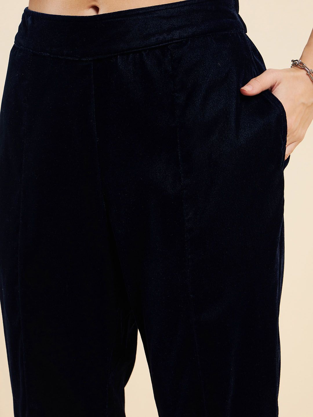 Antheaa Navy Blue Embroidered V-Neck Tunic With Trouser