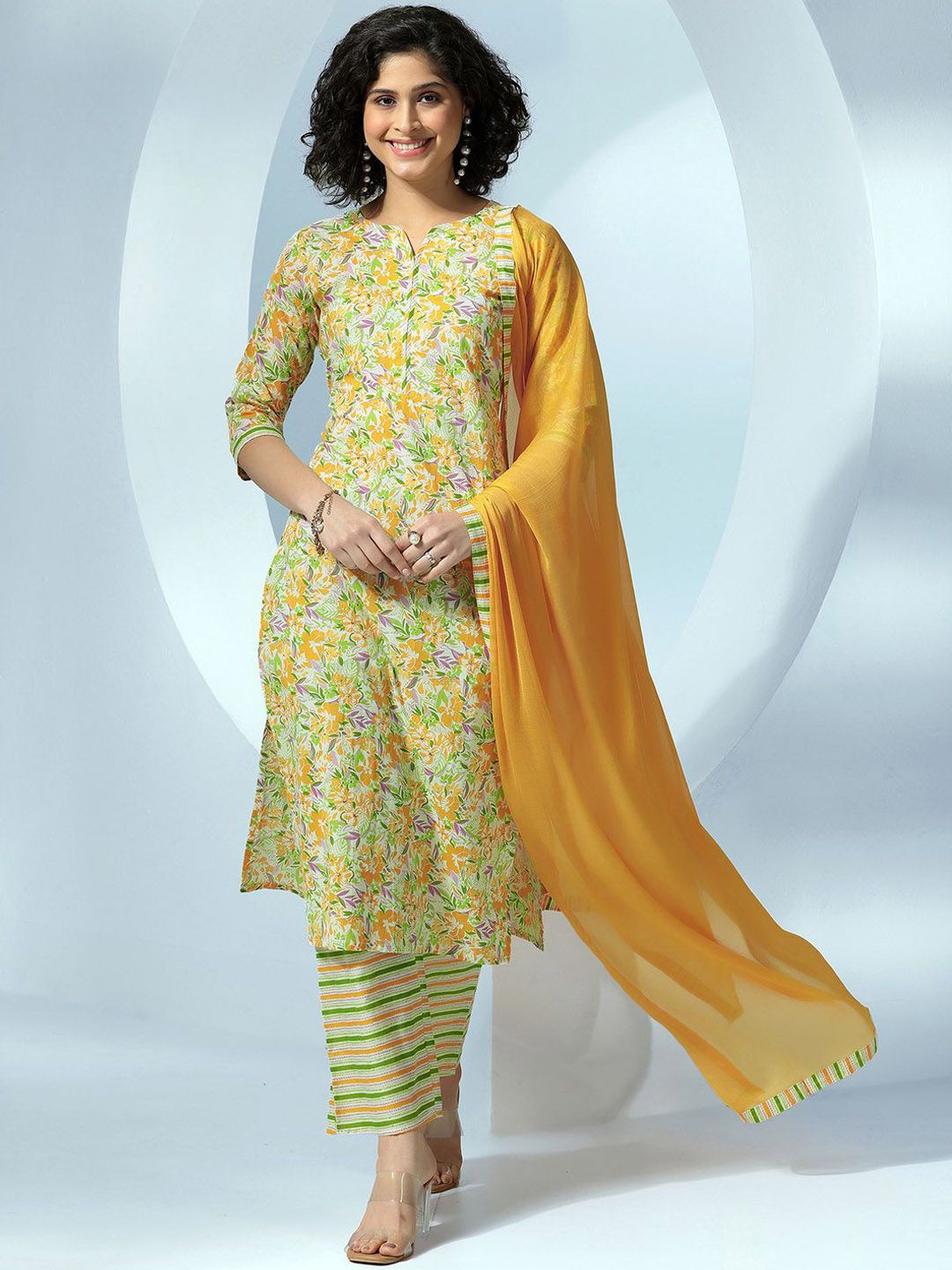 Libas Women Floral Printed Regular Pure Cotton Kurta with Palazzos &  Dupatta