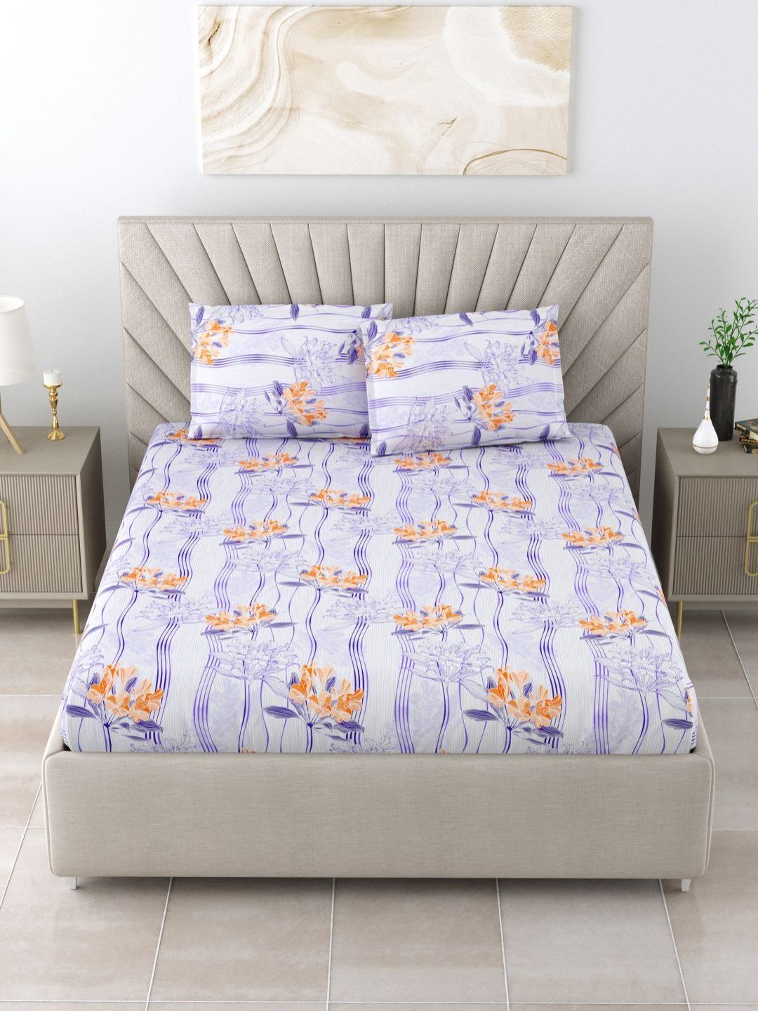 BOMBAY DYEING White & Orange Printed Pure Cotton 120 TC Queen Bedsheet Set 2.24 m X 2.54 m