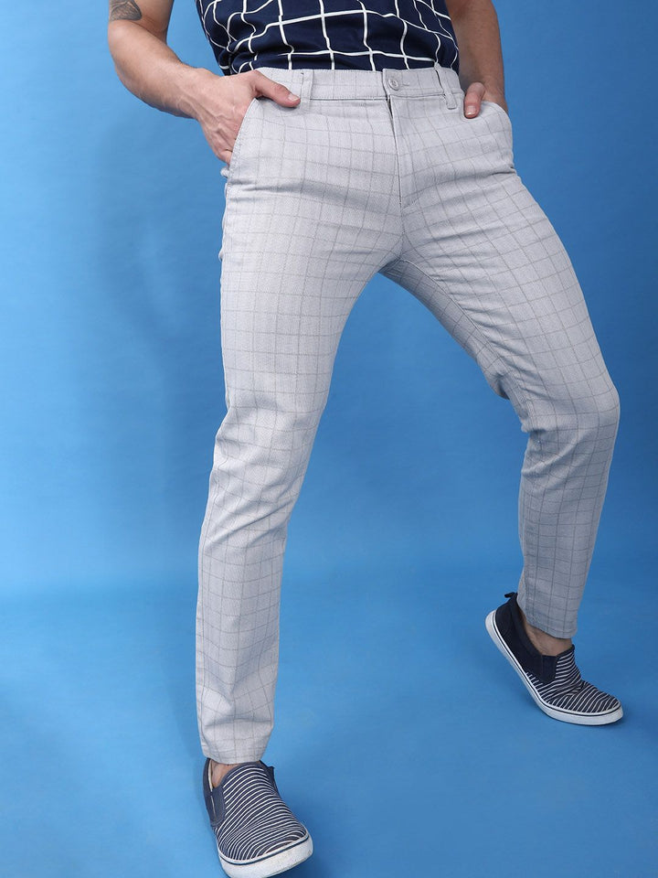 The Indian Garage Co Men Grey Slim Fit Checked Chinos