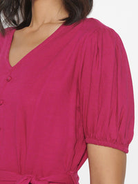 AND Magenta Colourblocked Puff Sleeve Linen A-Line Dress