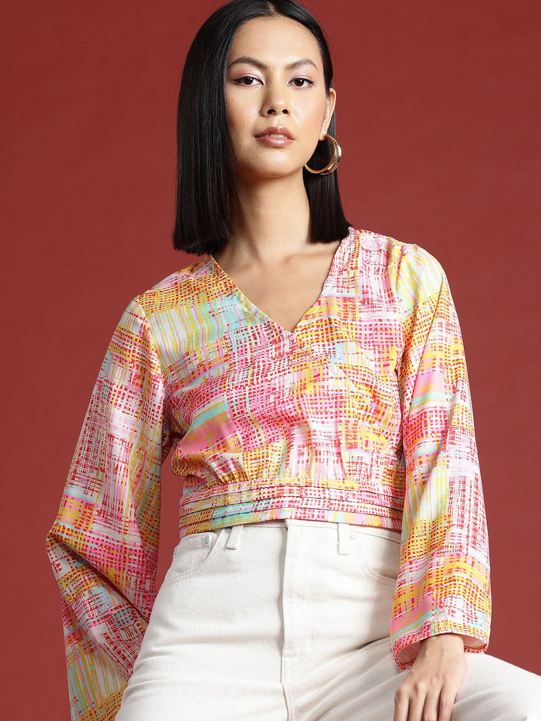 all about you Geometric Print Flared Sleeve Wrap Crop Top