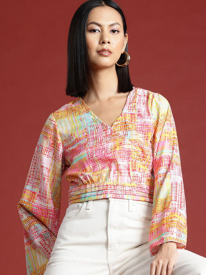 all about you Geometric Print Flared Sleeve Wrap Crop Top