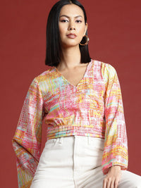 all about you Geometric Print Flared Sleeve Wrap Crop Top