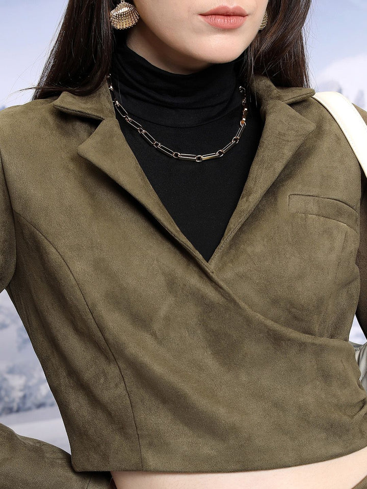 Tokyo Talkies Notched Lapel Collar Suede Crop Top & Trousers