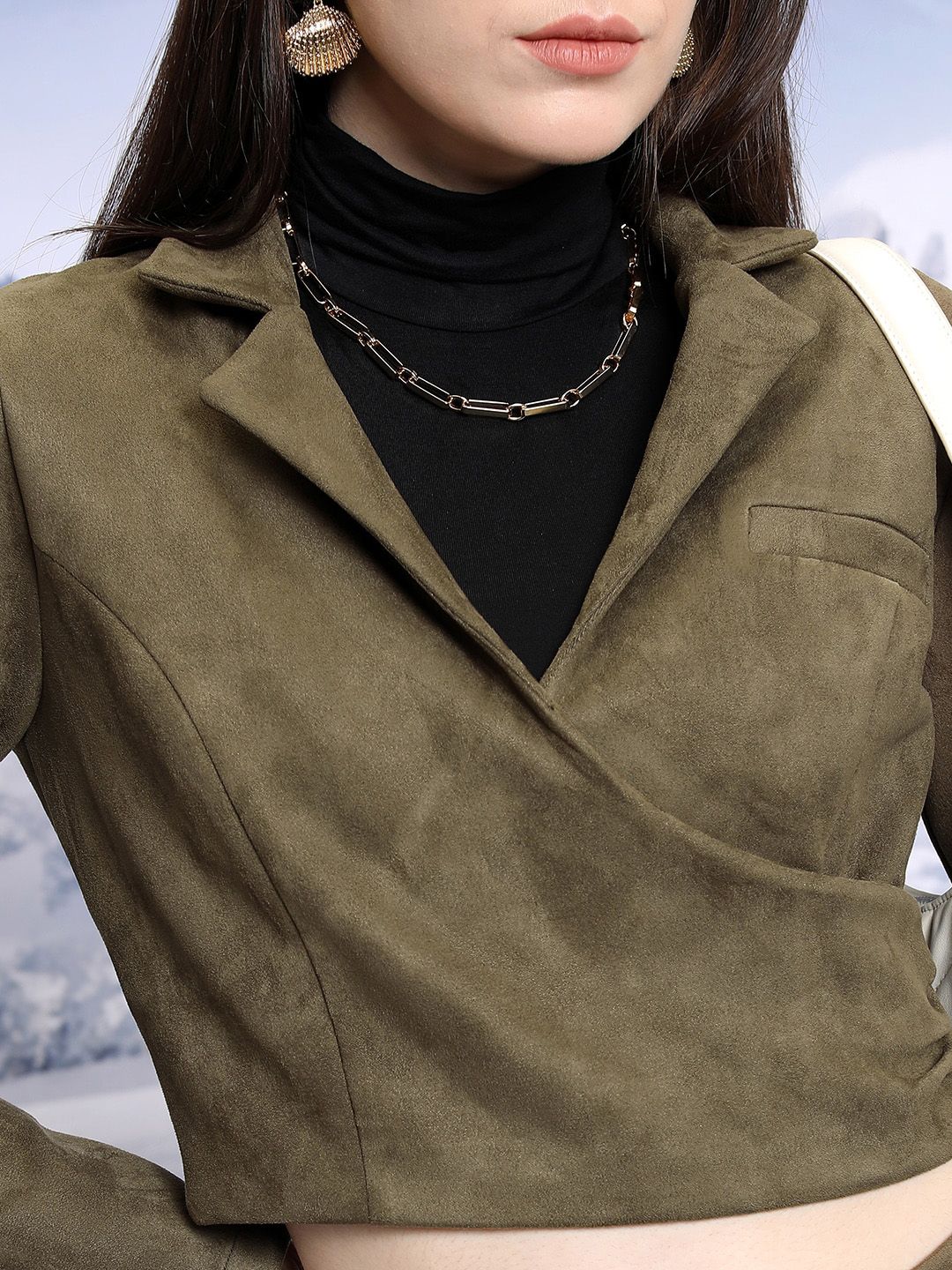 Tokyo Talkies Notched Lapel Collar Suede Crop Top & Trousers