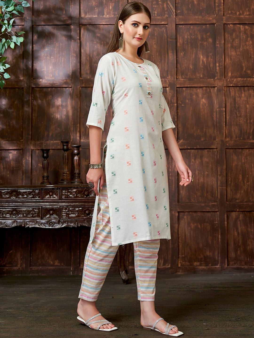 KALINI Geometric Woven Design Thread Work Kurta with Trousers
