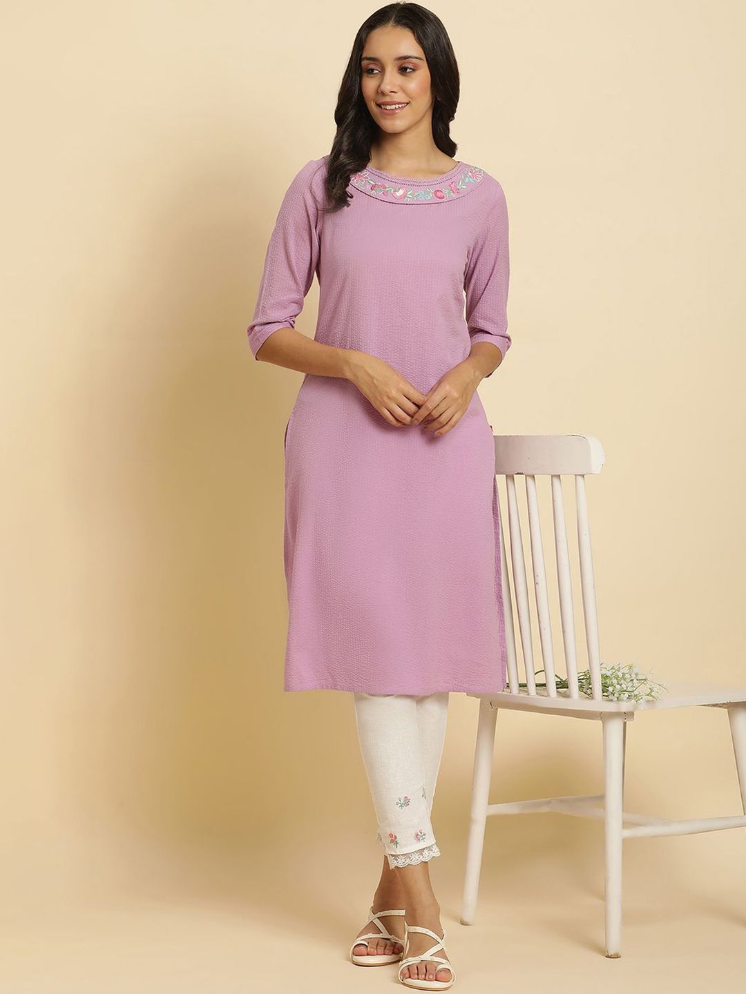 W Purple Thread Work Cotton Straight Kurta