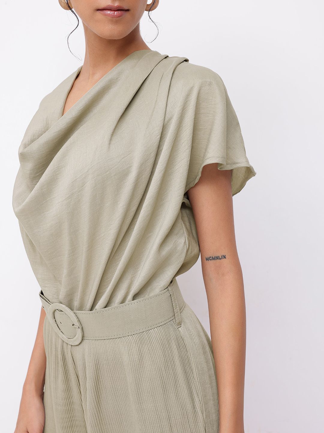 DressBerry Greyish Cowl Neck Draped Basic Jumpsuit With Belt