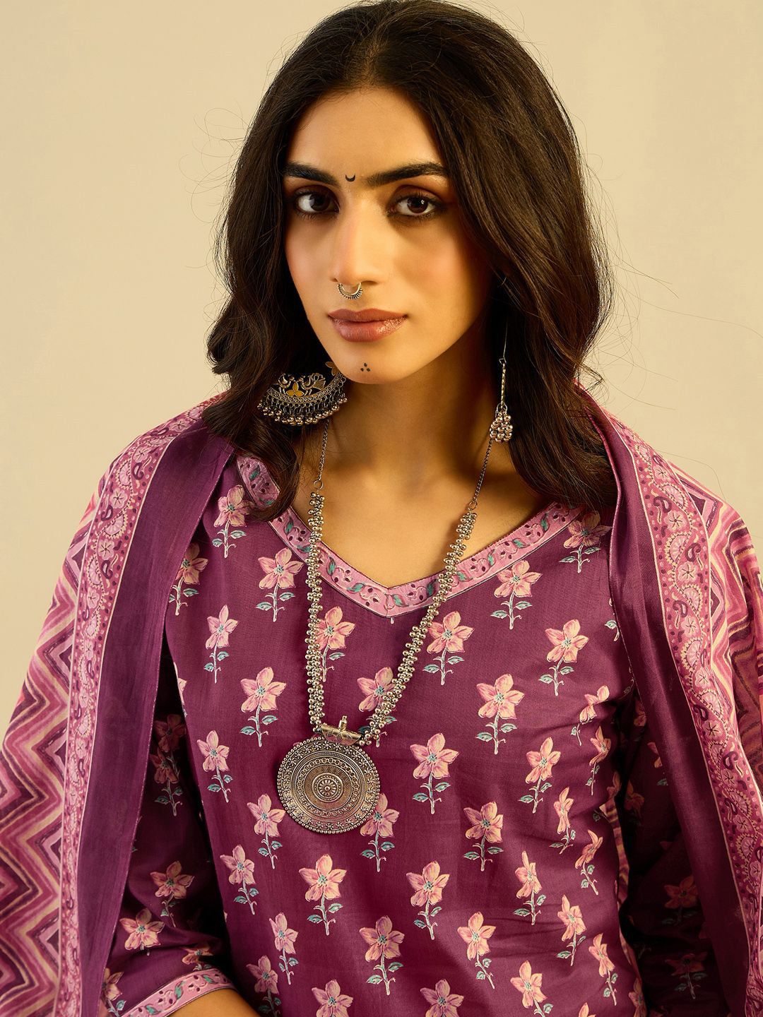 Indo Era Purple Floral Printed V-Neck Pure Cotton Straight Kurta with Trousers & Dupatta
