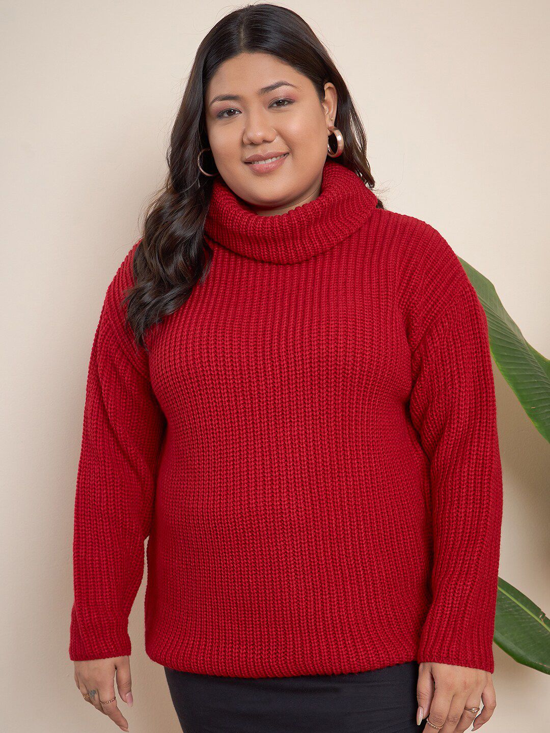 CURVY STREET Plus Size Ribbed Turtle Neck Pure Acrylic Pullover
