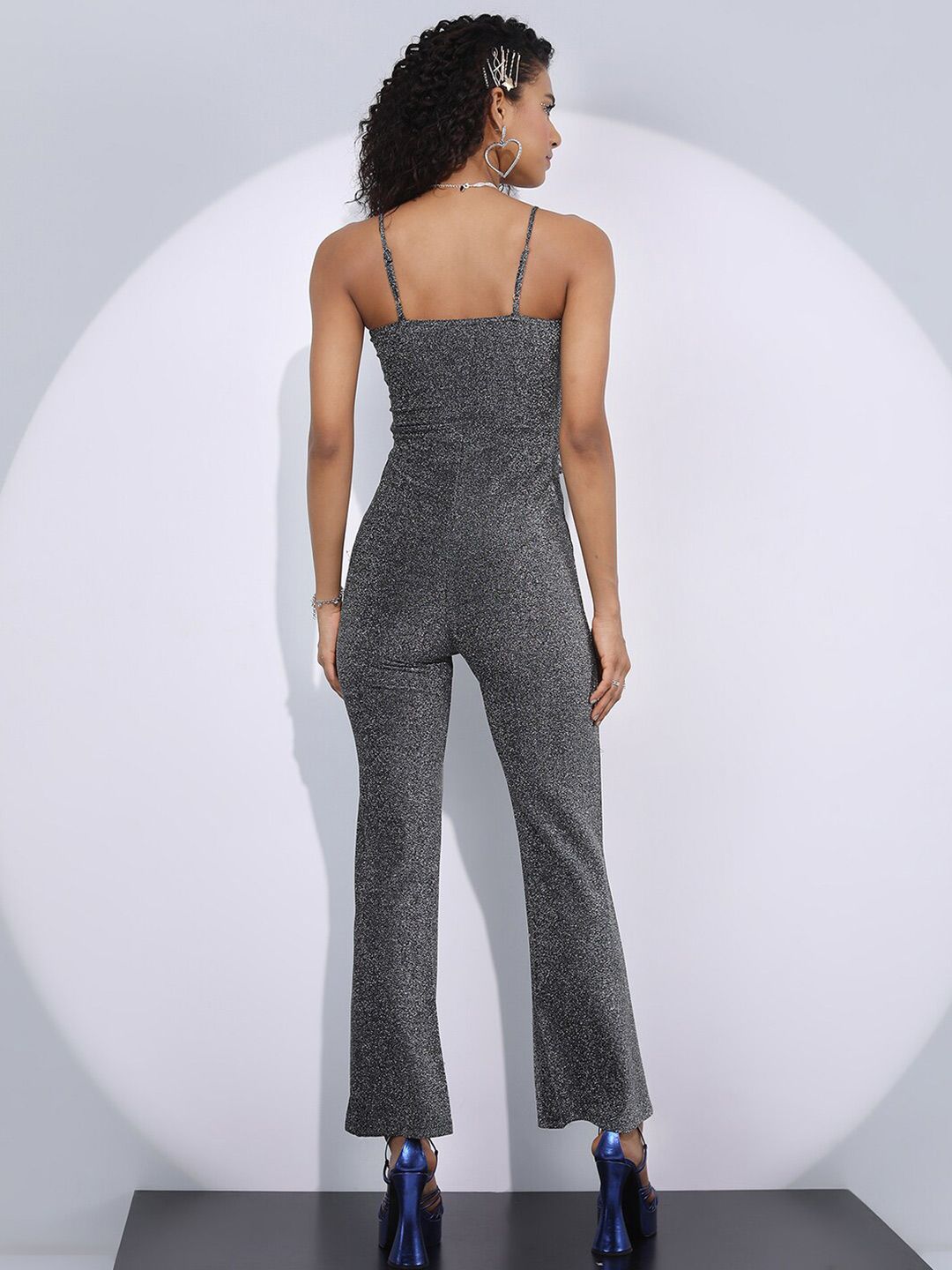 Tokyo Talkies Silver-Toned Tie-Up Butiran Shimmer Basic Jumpsuit