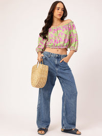 DressBerry Leafy Love Printed Off-Shoulder Blouson Crop Top
