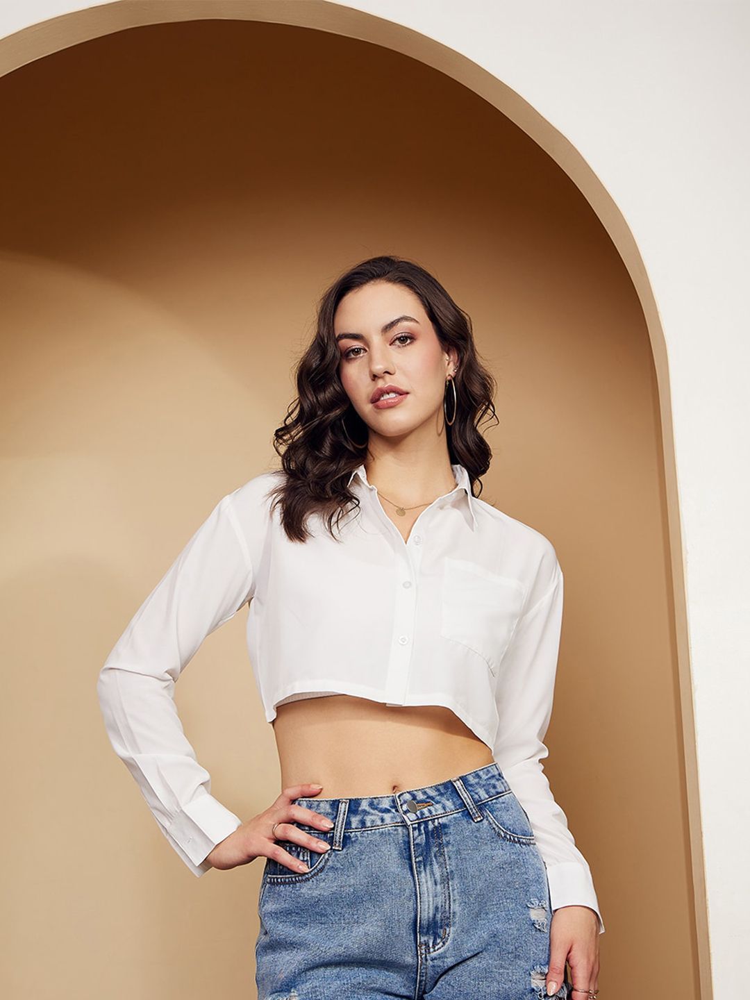 Berrylush White Spread Collar Casual Crop Shirt