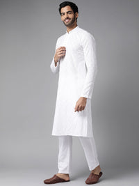 See Designs Men White Ethnic Motifs Embroidered Chikankari Pure Cotton Kurta with Pyjamas