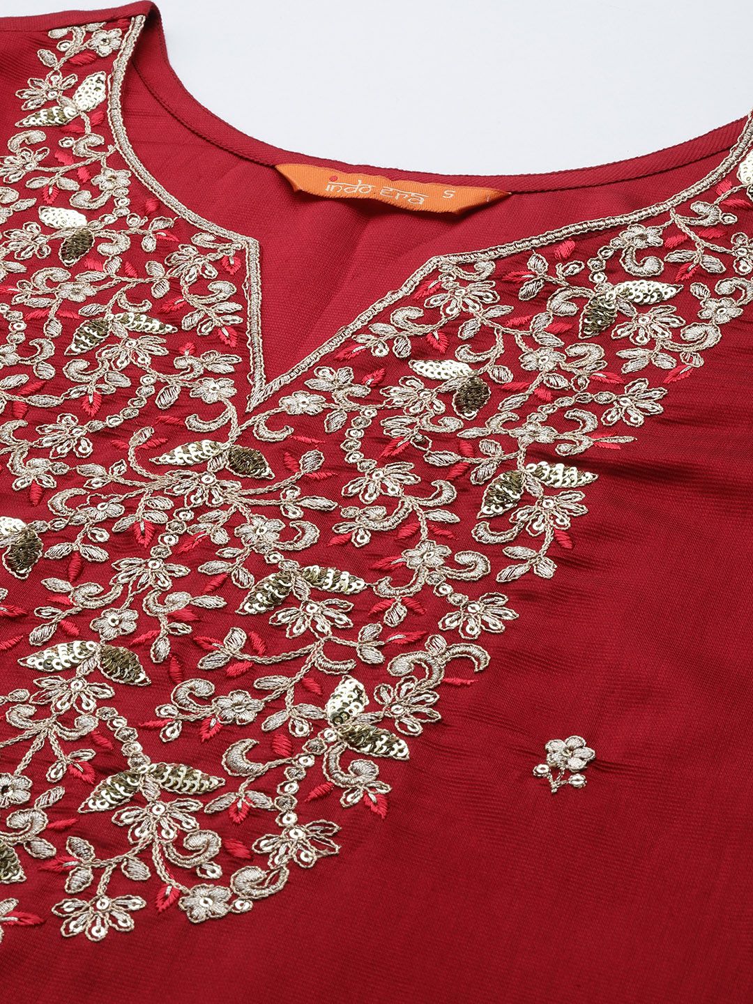 Indo Era Women Red Ethnic Motifs Embroidered Sequinned Liva Kurta with Trousers & Dupatta