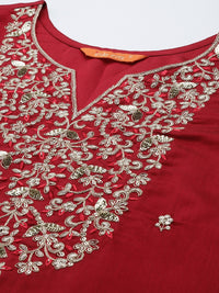 Indo Era Women Red Ethnic Motifs Embroidered Sequinned Liva Kurta with Trousers & Dupatta