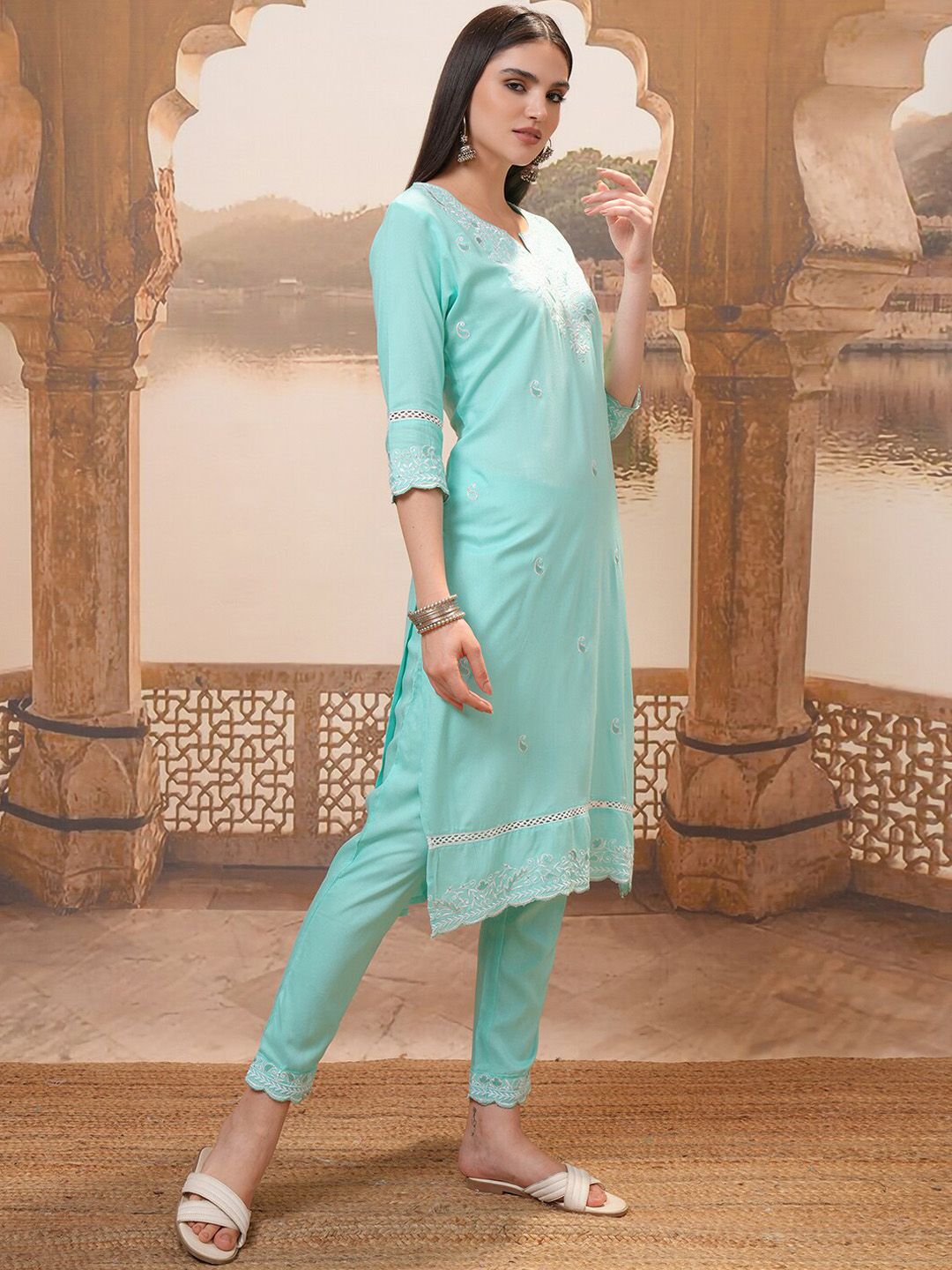 Vishudh Turquoise Blue Floral Embroidered Regular Thread Work Kurta with Trouser & Dupatta