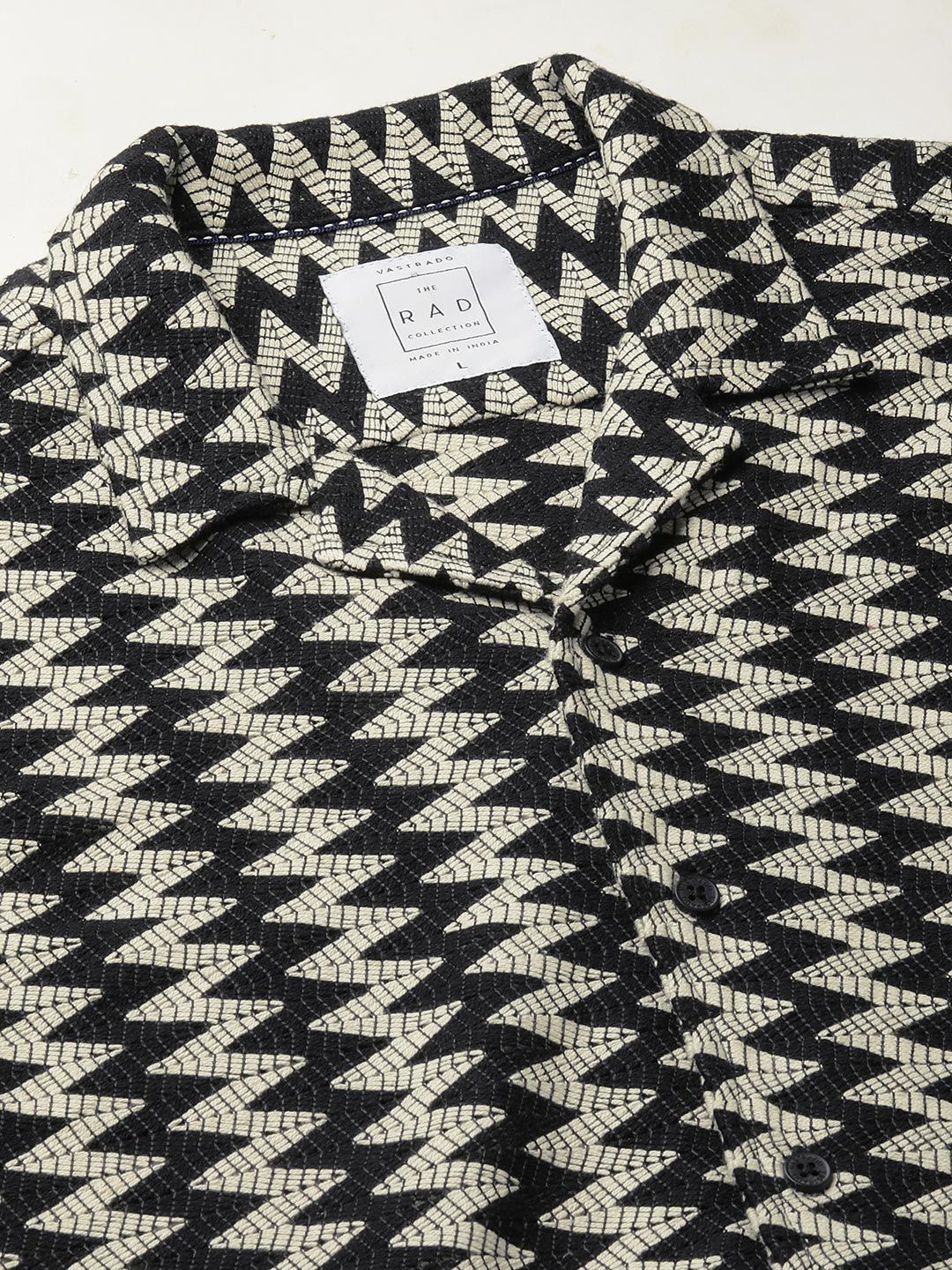 VASTRADO Men Classic Cuban Collar Chevron Printed Cotton Oversized Casual Shirt