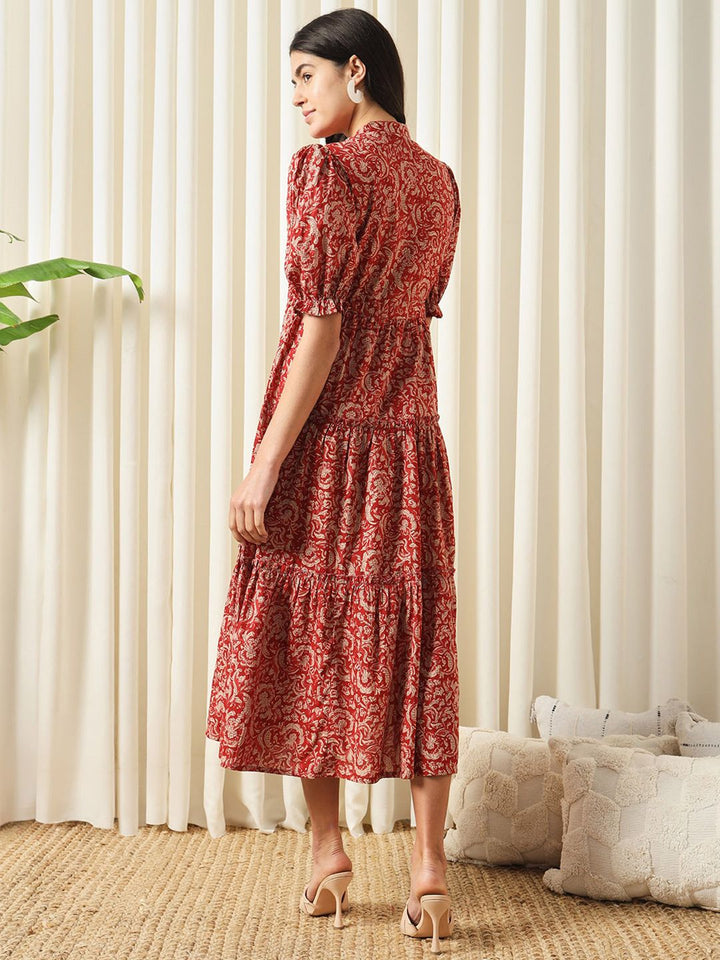 Kalini Floral Printed Mandarin Collar Puff lengan baju dan pakaian suar