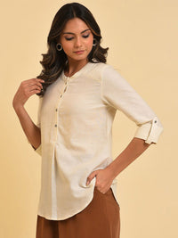 W Mandarin Collar Roll-Up Sleeves Cotton Shirt Style Top