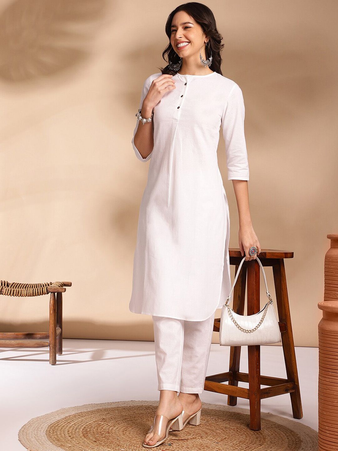 Anouk Pleated Round Neck Round Neck Cotton Kurta with Trousers