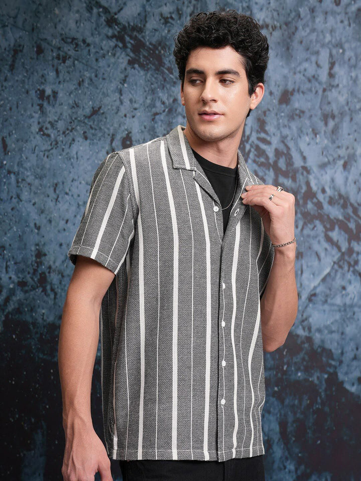 LOCOMOTIVE Premium Mock Lino Dobby Textured Striper Camp Collar Shirt