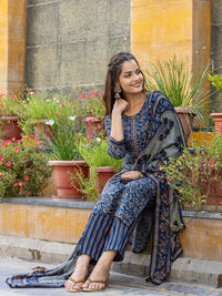 KALINI Floral Printed Thread Work Straight Kurta With Trousers & Dupatta