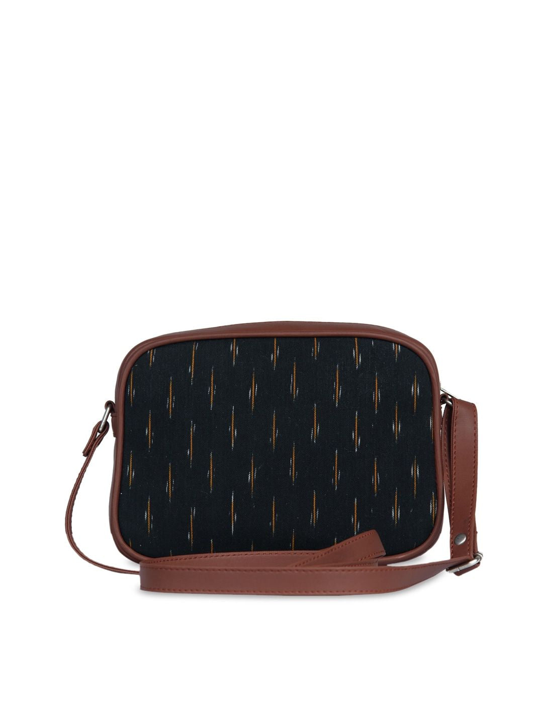 ZOUK Black & Orange Ikkat Woven Design Handcrafted Vegan Leather Sustainable Sling Bag