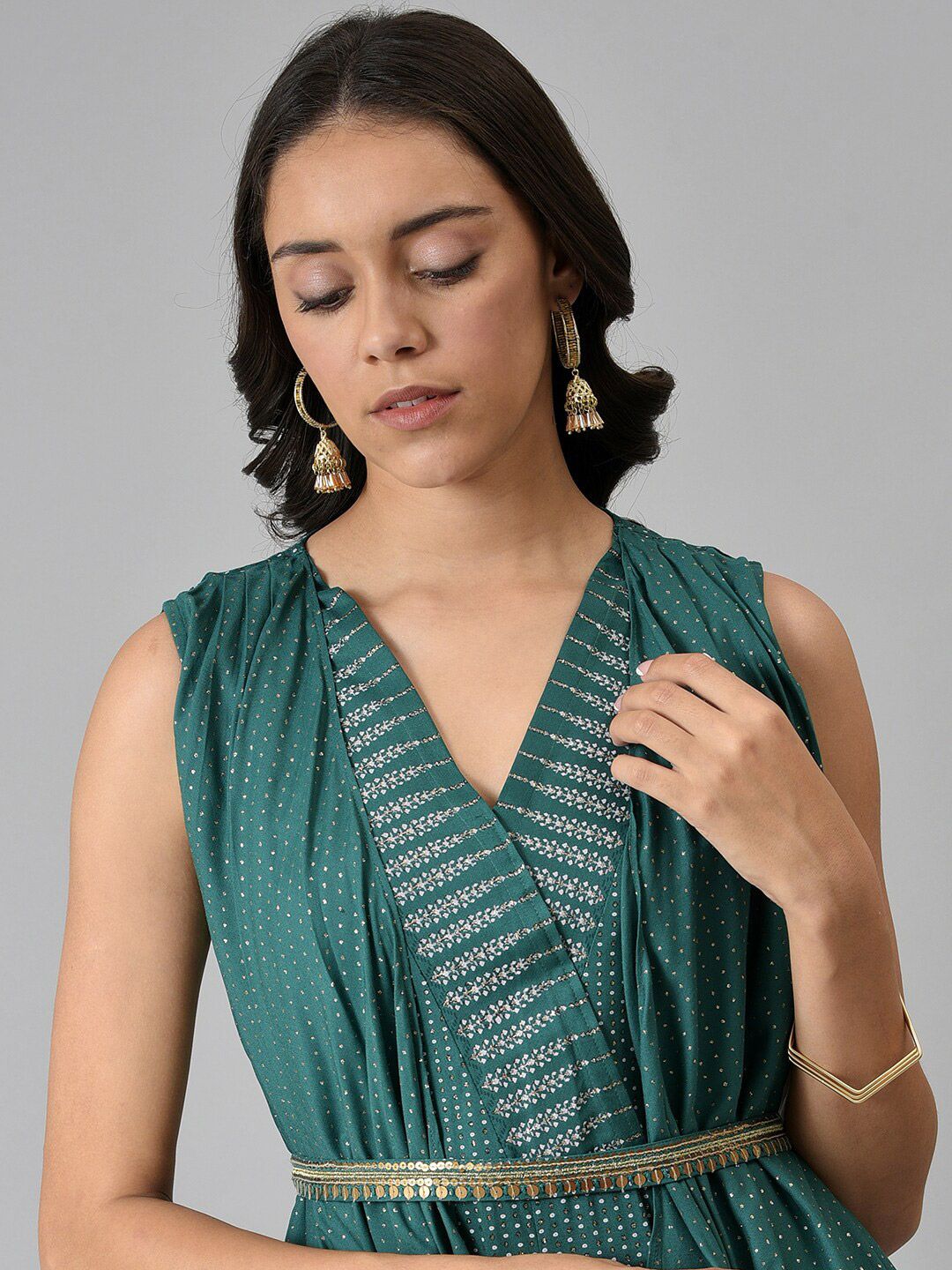 W Women Green Gilet Kimono Jumpsuit With Embellished Belt
