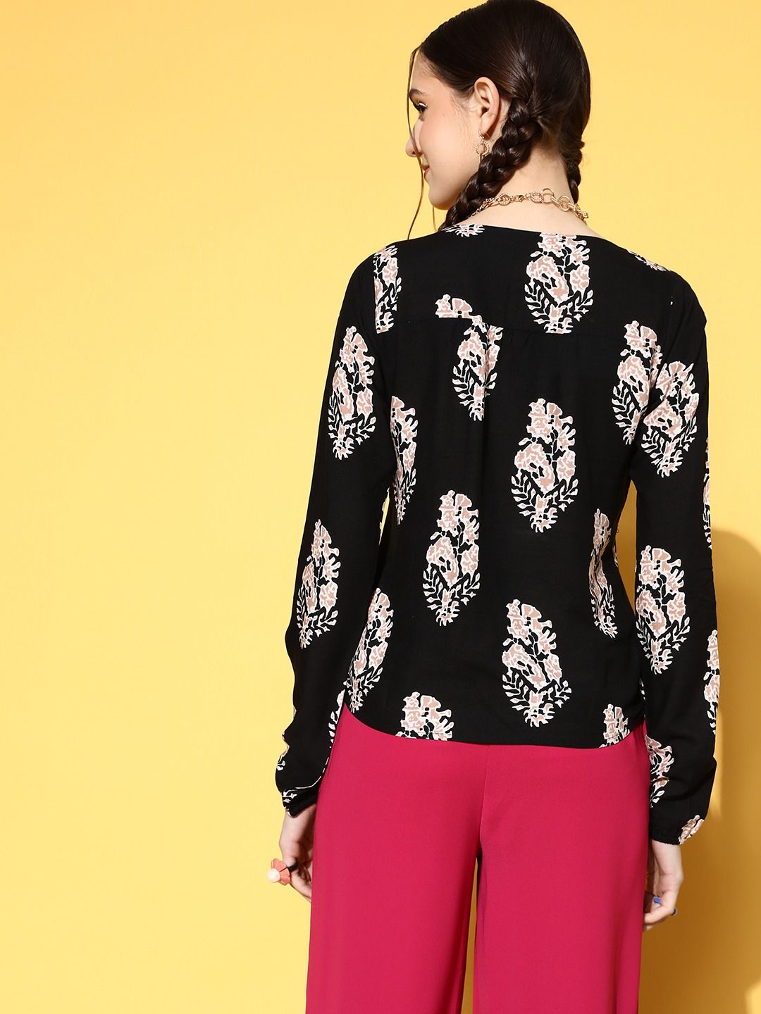 Berrylush Deep Black Floral Fluid Tie-Up Top